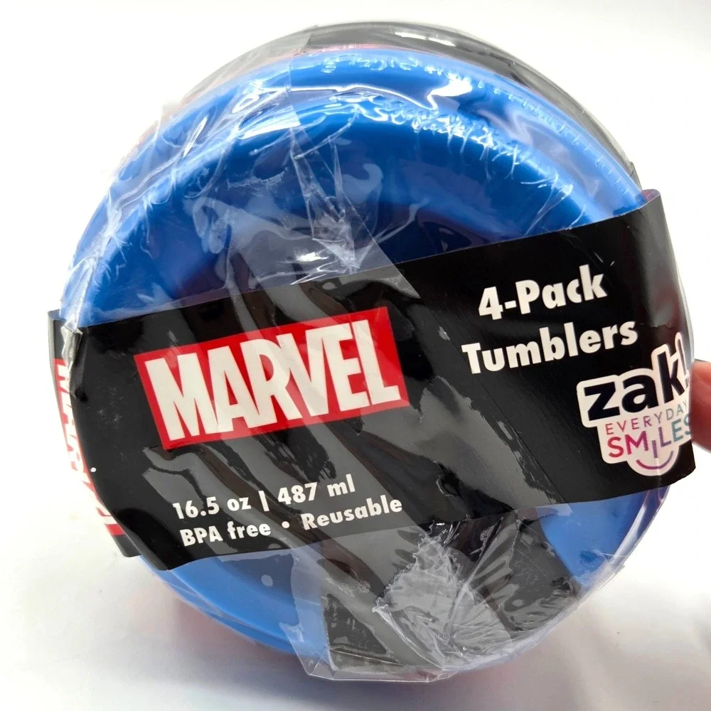 Marvel 4 Pack Reuseable 16.5 Oz. Cups‎ With Lids By Zak New